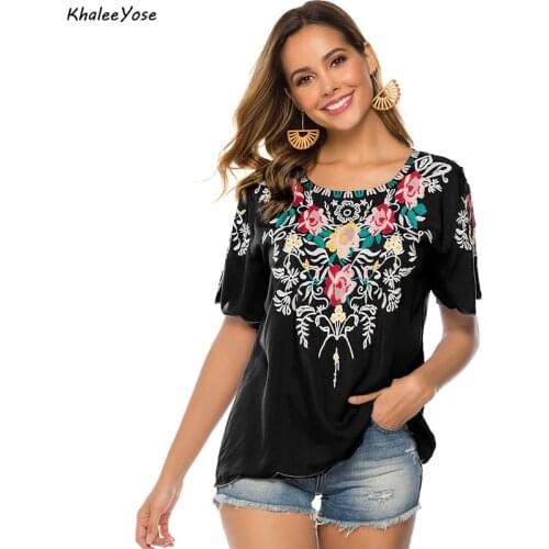 KHALEE YOSE Floral Embroidery Blouses Top Loose Cotton Summer Boho Mexican Shirt Short Sleeve Plus Size 23xl Ethnic Hippie Shirt