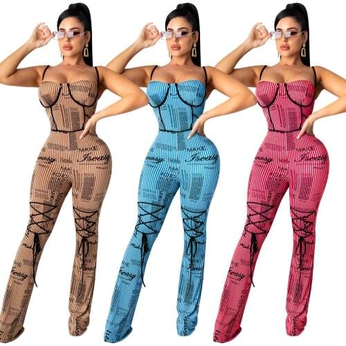 Adogirl Letter Print Striped Jumpsuit Woman Spaghetti Strap Sleeveless Backless Flare Pants Lace Up One Piece Overall Rompers