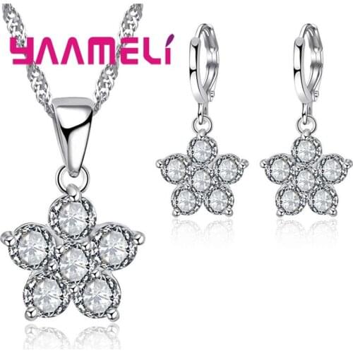Hot Sale Round Cubic Zirconia Flower 925 Sterling Silver Hoop Earrings Necklace for Women Wedding Jewelry Sets