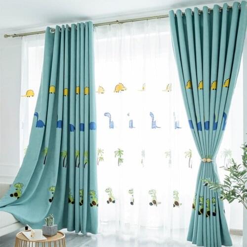 Cartoon Dinosaur Blackout Curtains for Kids Boys Bedroom Embroidered Heavy Cotton Linen French Window Treatment Drapes zh054C