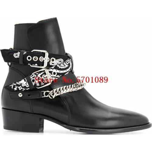 Man Bandana Buckle Boots Black Genuine Leather Chain Metal Buckle Bandana Western Cowboy Boots Bandana Buckle Ankle Boots Shoes