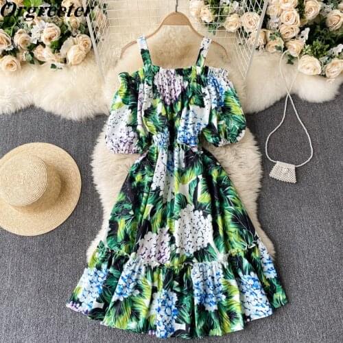 Newest Floral Print Knee-length Vacation Dress Sexy Off shoulder Puff sleeve Elastic waist A-line Hydrangea Print Green Dress