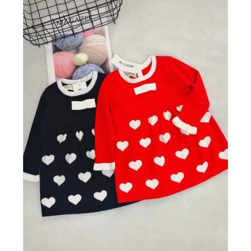 20021 Autumn and Winter Korean Style Girl Love Woolen Dress Childrens Clothing Toddler Girl Love Sweater Dress Baby Clothes
