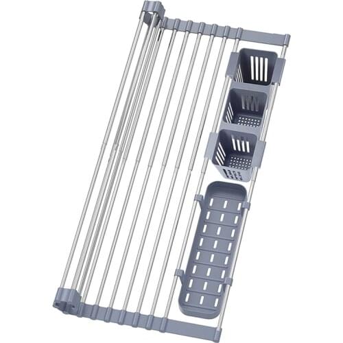 Expandable Roll Up Dish Drying Rack Up to 22.8 Inch with 2 Storage Baskets,Dish Drainer Dish Drying Rack in Sink