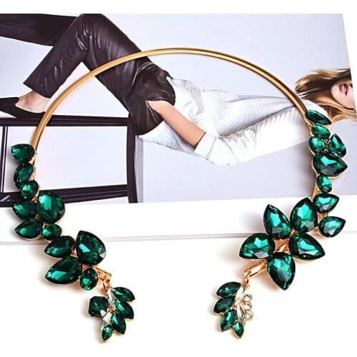 Luxury Green Red Rhinestone Bridal Jewelry Leaves Glass Crystal Statement Necklace Chokers Collar Wedding Accessories