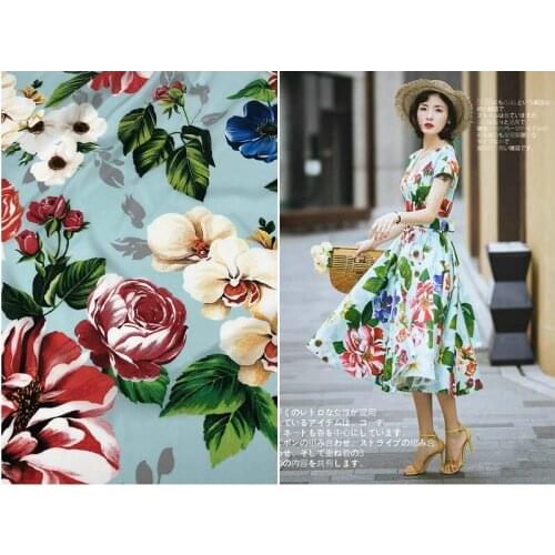 Silk Fabric European and American Brand Fresh Blue Background Flower Printing Mulberry Silk Elastic Crepe De Chine Fabric