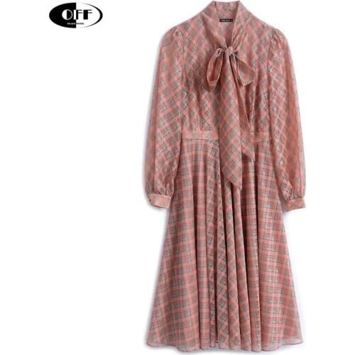Chic French elegant midi-long dresses for women vintage printed Bow long sleeve autumn ladies clothes slim dress vestidos female