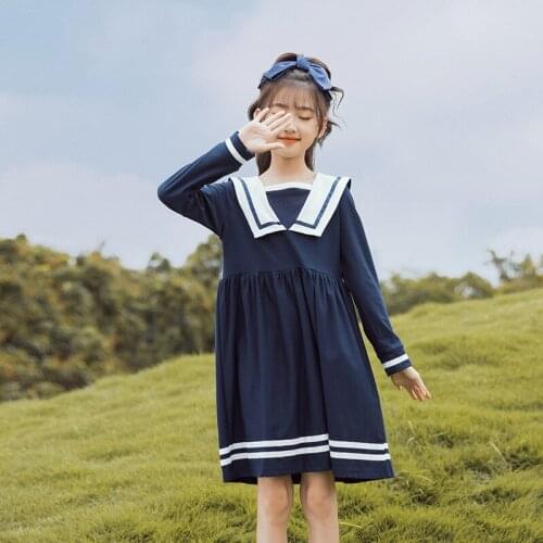Blue Long Sleeve Dresses Baby Big Girls Cotton Sailor Collar Dress Kids Autumn 2021 Clothing Children School Clothes Dress Girl