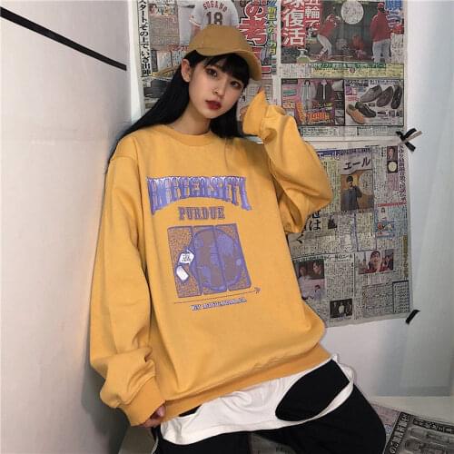 Globe letter printing round neck couple fashion oversized sweater women loose simple retro Harajuku Korean pullover hoodie women