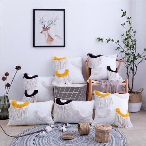 Yellow Black Geometric Embroidery Pillow Cover Beige Tassels Home Decor Cushion Cover PillowCase Pillow Sham 30x50cm/45x45cm