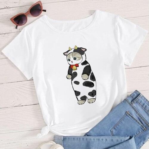 Kawaii Cow Cat Printed Clothing Women White Loose Summer Short Sleeve Modern Casual T-shirts Trendy T Shirt Tumblr Mujer