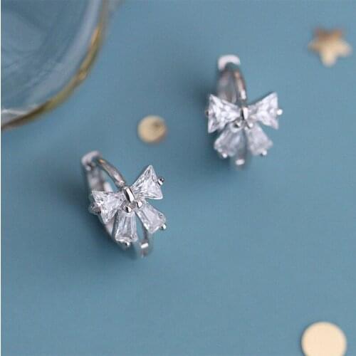 925 Sterling Silver Simple Earring Female Cute Zircon Bow Knot Stud Earrings Korea Earrings For Women Jewelry Wedding Party Gift