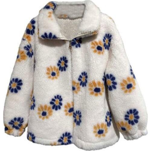 2021 Winter Womens Fur Coats New Arrivals Print Female Jackets Flower Casual Trendy Lady Outerwear Long Sleeve Wool Fur Clothes