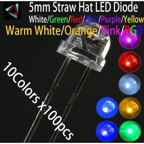 1000pcs (10 Colors x 100pcs) 5MM Straw Hat LED Diffused Kit 5 MM 3V Warm White Green Red Blue Yellow Orange Purple UV Pink RGB