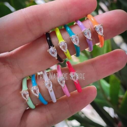 5Pcs RM40086 Copper Jewelry Gold Plated Rings Enamel Geometric Teardrop Colors Clear Gold Plated Cubic Zirconia Ring
