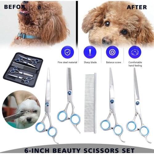 6'' Pet Grooming Scissors Set Straight Curved Hair Cutting Thinning Shears Straight Cut Teeth Cut Fish Bone Scissors Sets
