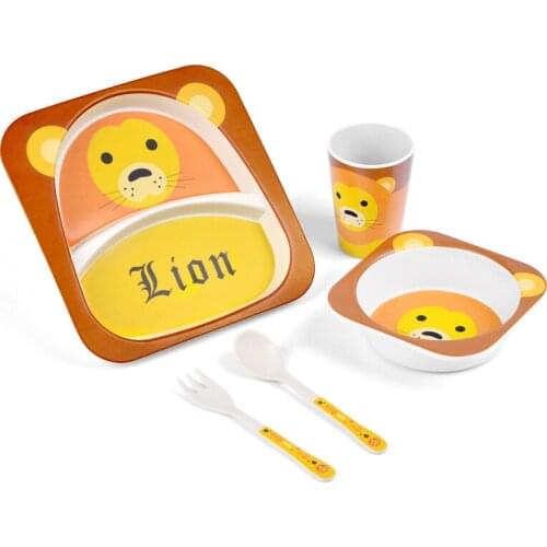 Baby Bamboo Fiber 5 Pcs/Set Tableware Set Baby Plate Children Cartoon Separation Plate Bowl Fork Spoon Cup Set Feeding Supplies