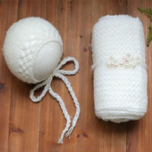 White Newborn Photo Outfit Knitted Mohair Wrap and Bonnet Set Crochet Stretch Knit Wrap Infant Hat Set Baby Knit Swaddle Blanket