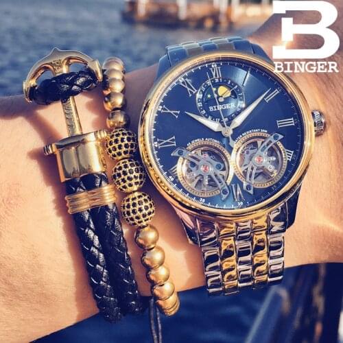 Switzerland BINGER Luxury Moon Phase Automatic Watch Men Double Tourbillon Mens Skeleton Mechanical Watches Men Brand Relogio