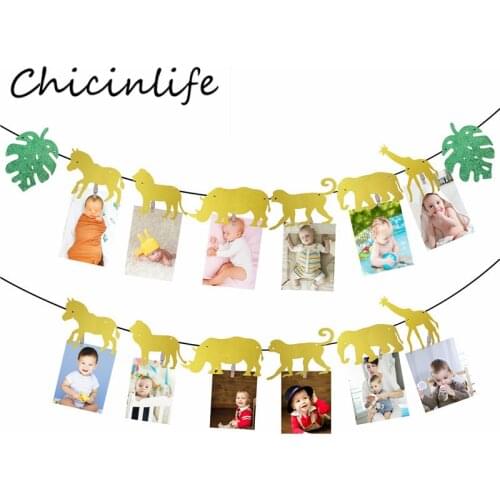 Chicinlife Jungle Safari Animal Photo Banner Confetti Boy Girl 1st Birthday Party Baby Shower Jungle Party Bunting Garland Decor