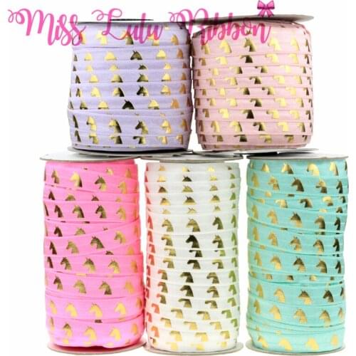 5/8" 16mm Gold Foil Unicorn Printed Elastic Ribbon Cute Cartoon DIY Christmas Tree Decor Hair Bow Webbing 50Yards/roll