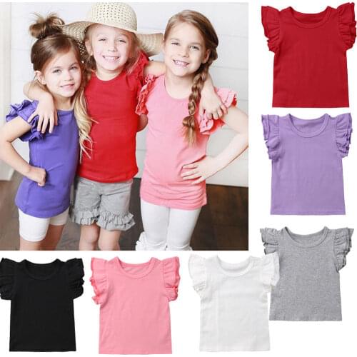 Toddler Newborn Kids Baby Girl Boy Cotton T-shirt Flying Sleeves Tops Ruffle Tee Solid Color Casual Outfits Clothes 0-6 Years