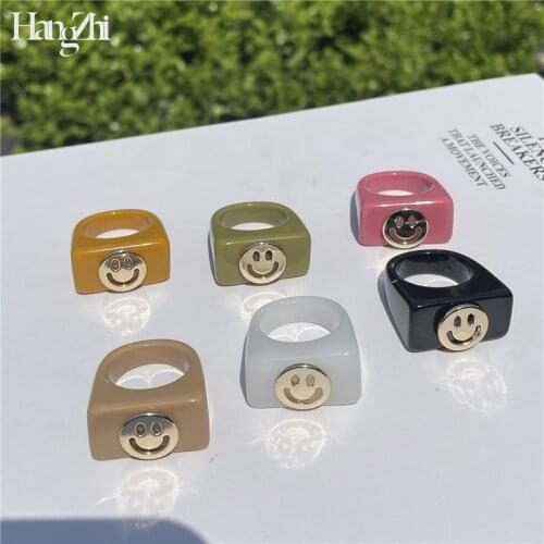 HangZhi 2021 Korean Trendy Resin Colorful Geometric Square Smiley Face Rings for Women Girls Party Jewelry Gifts