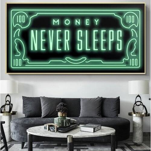 Inspiring Phrases Canvas Paintings Money Never Sleep Posters and Modern Print Wall Art Picture for Living Room Home Decoration