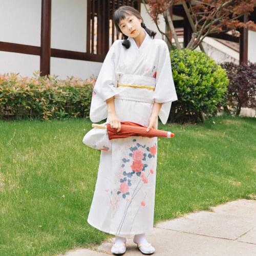 Womens Kimono Robe Traditional Japan Yukata white Color flowers Prints Summer Dress Performing Wear Cosplay Clothing