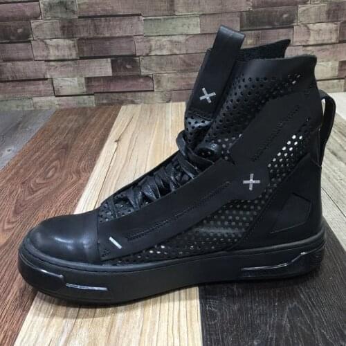 Leather mens boots hollow mesh breathable fashion casual sneakers black all-match high-top mens shoes