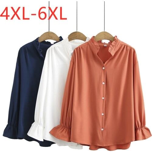 New 2021 Ladies Spring Autumn Plus Size Top For Women Large Long Sleeve Loose Casual Button White Orange Shirt 4XL 5XL 6XL
