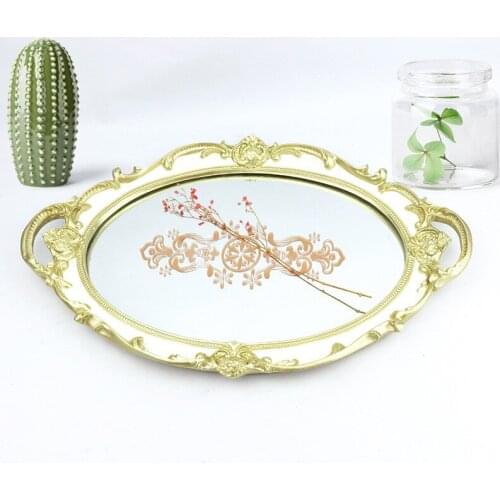 Oval Lace Mirror Printing Tray Decoration Wedding Court Carved Dessert Tea Tray