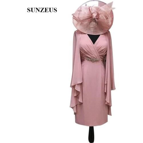 Sheath V-neck Tea Length Pink Mother Of The Bride Dress With Bolero 2019 Summer Chiffon Wedding Guest Dress Groom Mother Gowns