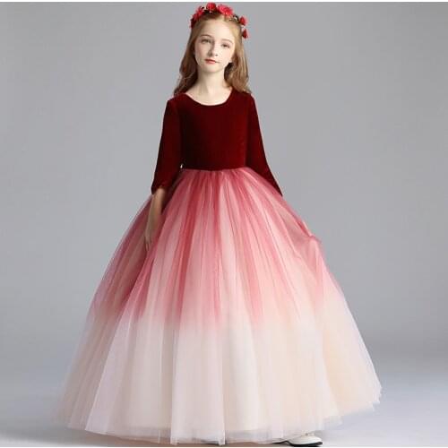 Flower Girl Dresses Illusion Luxury Burgundy Princess Lace O-Neck Three Quarter Floor-Length Tulle Elegant Kids Party Gown H134