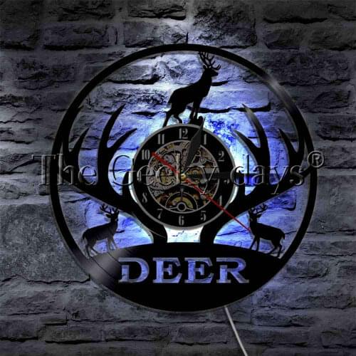 Forest Animals Deer Family Silhouette LED Night Light Vinyl Record Wall Clock Big Deer Antler Wall Watch LED Hanging Lamp