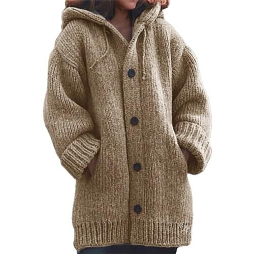 Hooded Sweater Solid Color Pockets Warm Single-breasted Mid-length Knitted Cardigan Jacket Streetwear Womens Clothing