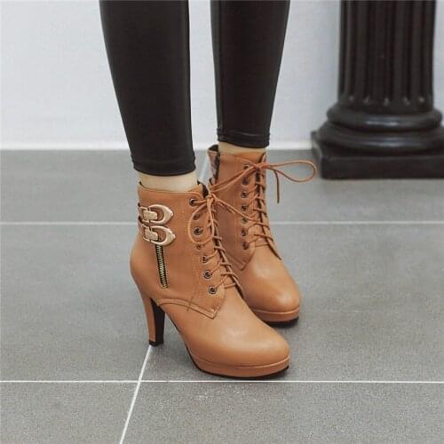 YMECHIC 2019 Winter Stiletto Ankle Boots for Women Lace Up Platform High Heel Party Shoes Ladies Black Yellow Biker Combat Boots