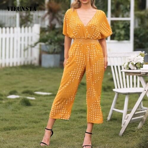2021 Womens Clothing Summer Loose V-Neck Short Sleeve Solid Color High Split Band Wave Point Printing Jumpsuit Wide-Leg Pants