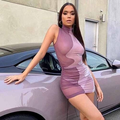 2021 Mesh Sexy Women Party Dress Fashion Patchwork Bodycon Skinny Sleeveless Side Drawstring Lace Up Streetwear