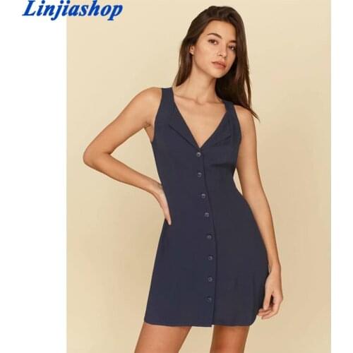Vintage Navy Chiffon Turn Down Collar Vestidos Palace Sleeveless Tank Dresses Center Buttons Women Dress