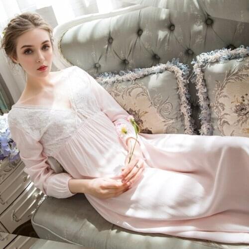 2020 Women Sexy Long Sleeve Cotton Nightgown Female Lace Sweet Princess Nightdress Elegant Loose Sleepwear V-neck Home Dress