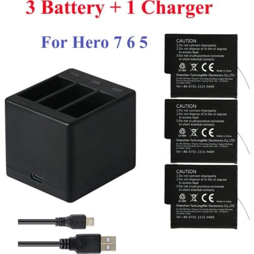 3Pcs Go Pro Lithium Battery For GoPRO Hero 7 8 Version Battery+3 Slots Charger For GoPro 7 Hero 6 Hero 5 2018 Camera Accessories