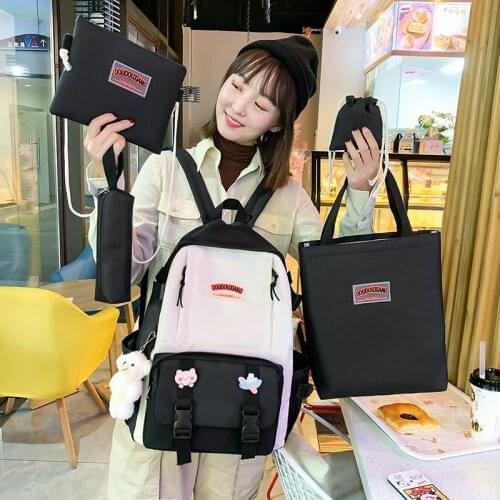 5 Pcs Set Women Backpack Nylon School Bags For Teenage Girls Children Kawaii Student Kids Book Bag Kindergarten Rucksack 2021