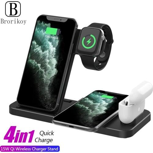 15W Qi Fast Wireless Charger Stand For iPhone 12 11 X 8 Apple Watch 4 in 1 Foldable Charging Dock Station for Airpods Pro iWatch