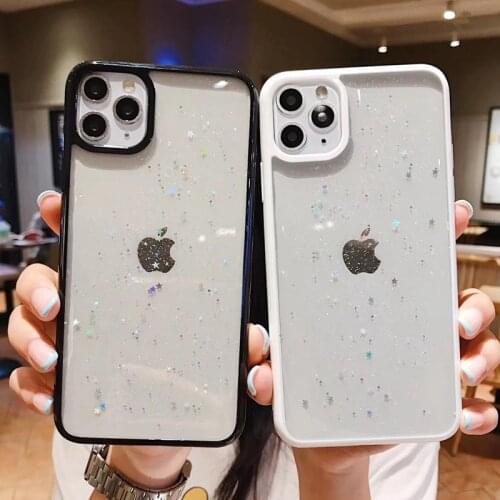 Candy Color Frame Phone Case For iphone 11Pro XS Max X XR 8 7 6 s Plus 11 SE 2020 Glitter Star Transparent Shockproof Back Cover