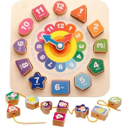 Cartoon Animal Educational Wooden Beaded Jigsaw Geometry Digital Clock Puzzle Gadgets Matching Clock Toy Montessori For Children