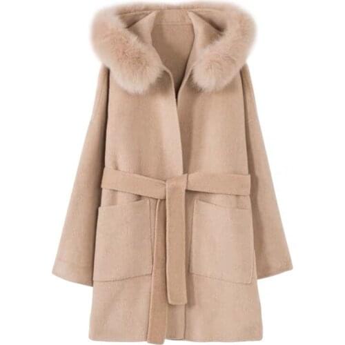 CX-G-T-21B New Design Real Fox Fur Trim Hooded Wool Coat Winter Coats with Belt