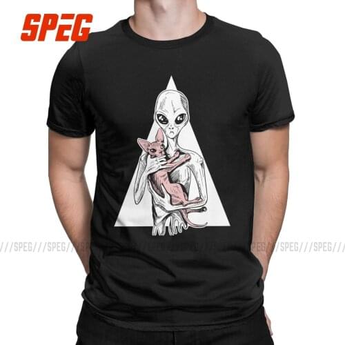 Vintage Alien With Sphynx Cat T-Shirt Men Round Collar Cotton T Shirt Short Sleeve Tees Birthday Gift Clothes