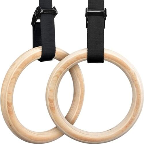 2pc Fitness Wooden Gymnastic Rings 1.1" inch Gym Ring with Adjustable Straps Buckles Straps Workout Crossfit Strength Training