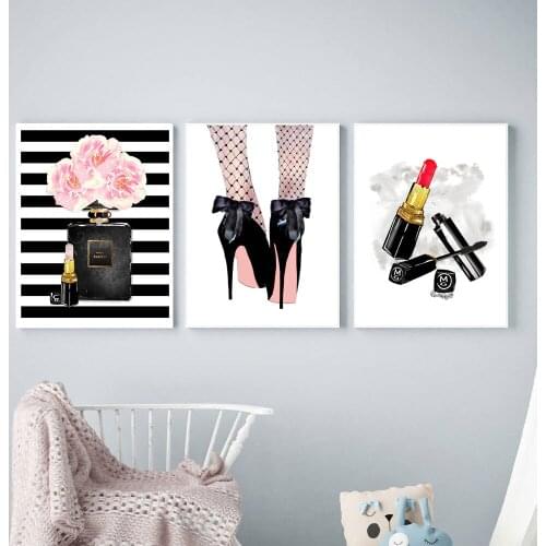 Lipstick Art Print Scandinavian Modern Perfume High Heels Canvas Painting Nordic Gril Room Decoration Wall Pictures Poster Decor